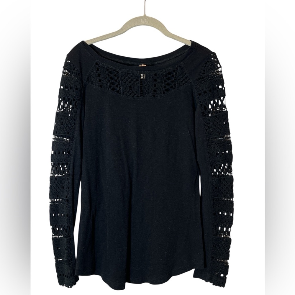 XCVI Womens Black Crochet Sleeve Cotton Blend Top Size S Boho Whimsigoth